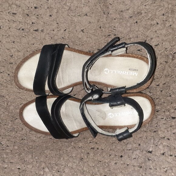 MERRELL-Revalli Aura Black Leather Strappy Cork Wedge Sandals-Sz 9-Near Mint - Picture 6 of 7